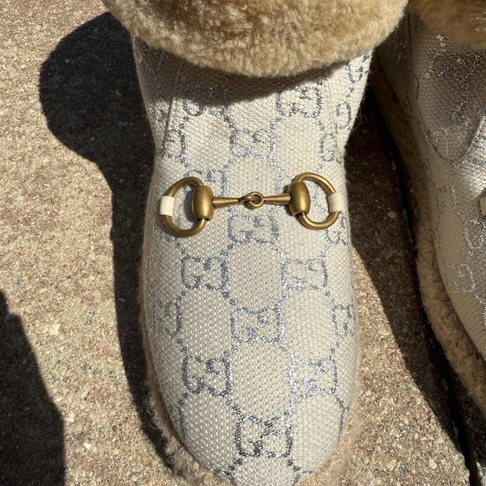 Gucci - Canvas Wool Shearling Lined GG Monogram Fria Horsebit Ankle Boots - Picture 4 of 7